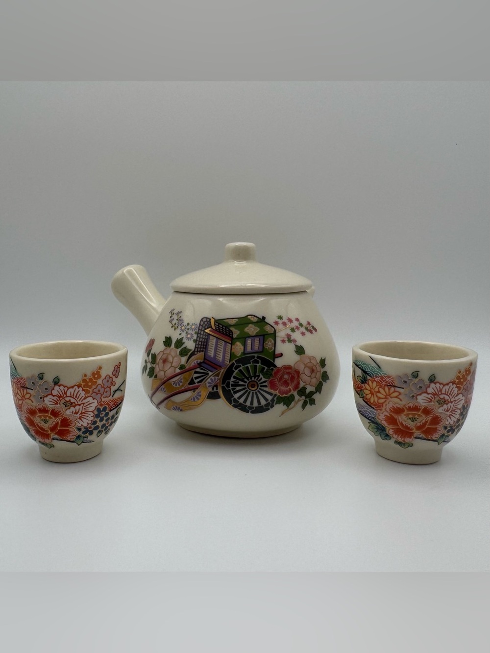 Vintage Japanese Mini Kyusu Porcelain Tea Set - Imperial Carriage Floral 3 Pc
